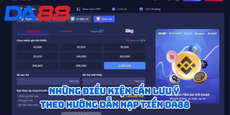 Những điều kiện cần lưu ý theo hướng dẫn nạp tiền DA88